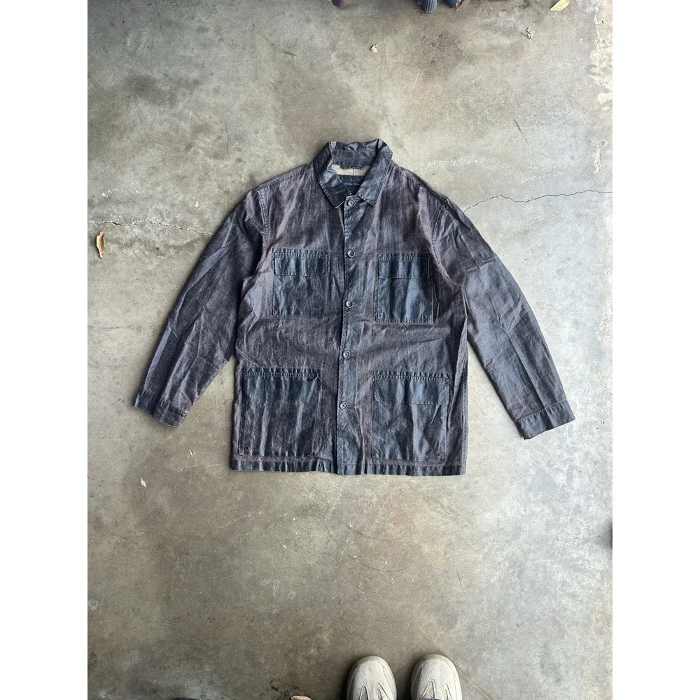 Vintage 2003 Banana Rebupilc Resin Linen Four Pocket Button Up Long Sleeve Shirt